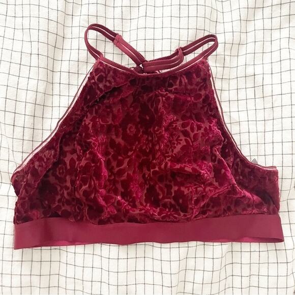 Aerie Dark Red Crushed Velvet High Neck Bralette Size M - Picture 1 of 7